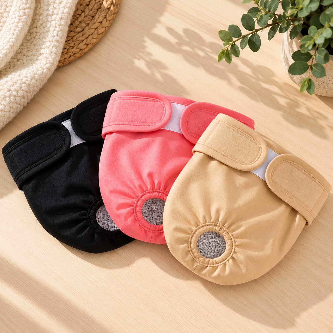 Cocoon Pets washable dog diaper packshot in black, pink and beige