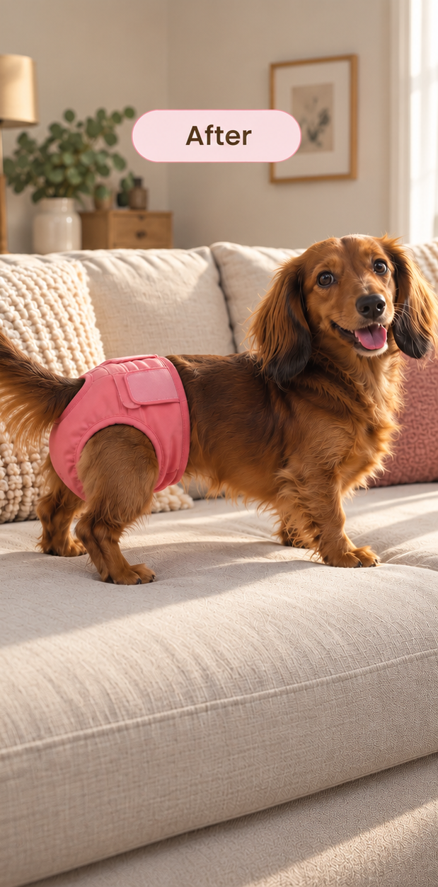Dog wearing a Cocoon Pets washable diaper