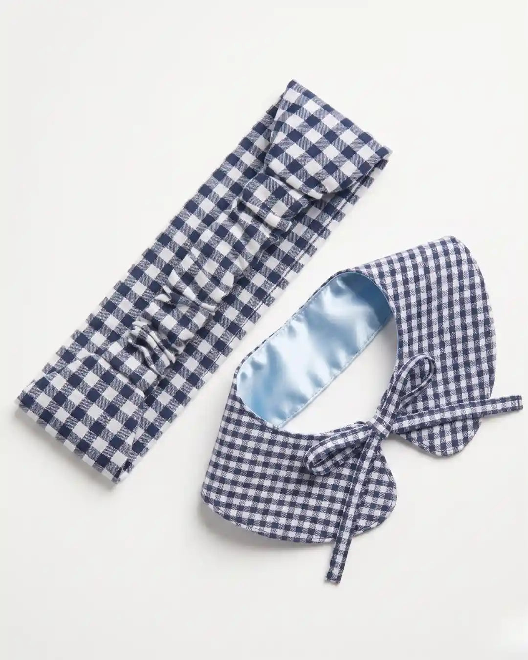 bandana chien Col claudine vichy bleu marine et bandeau cheveux femme assorti, accessoires faits main Cocoon Pets, vue packshot