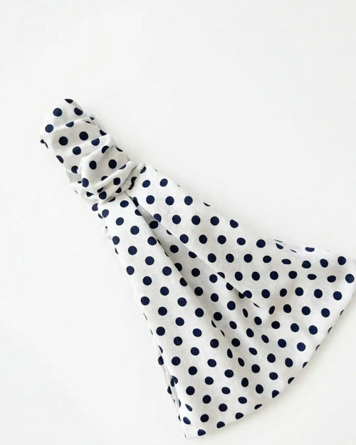 Bandeau cheveux femme blanc à pois bleu marine, accessoire de mode fait main Cocoon Pets, vue packshot