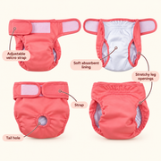 Pink Cocoon Pets washable dog diaper packshot showing several angles and how the fasteners work