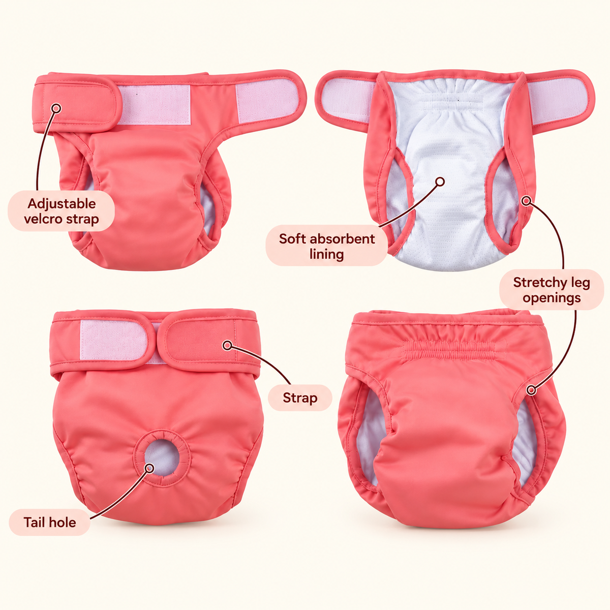 Pink Cocoon Pets washable dog diaper packshot showing several angles and how the fasteners work