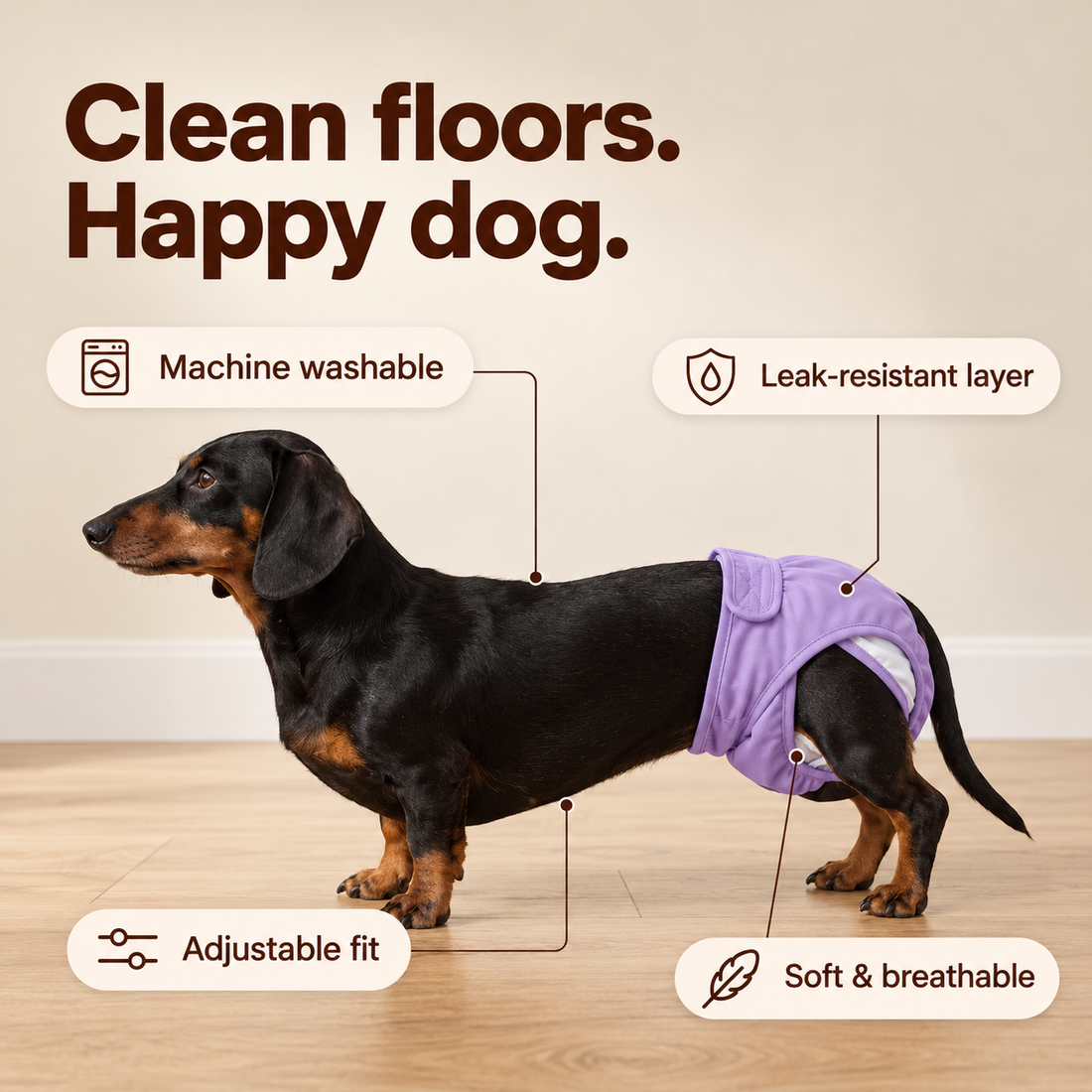 Dachshund wearing a purple Cocoon Pets washable dog diaper with feature callouts: machine washable, leak-resistant layer, soft and breathable, adjustable fit