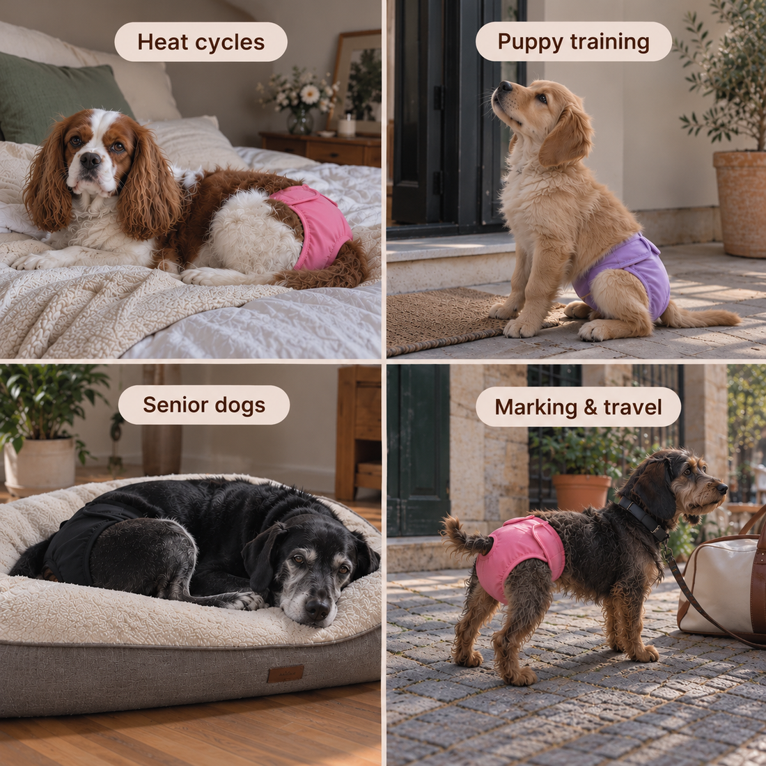 Four dogs wearing the Cocoon Pets washable dog diaper: a senior dog, a puppy, a dog at home and a dog on vacation
