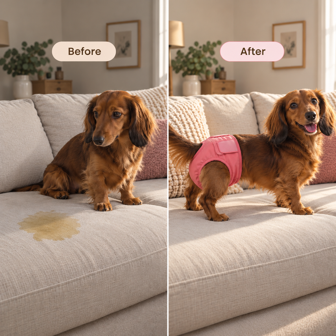 Before and after comparison with the Cocoon Pets washable dog diaper